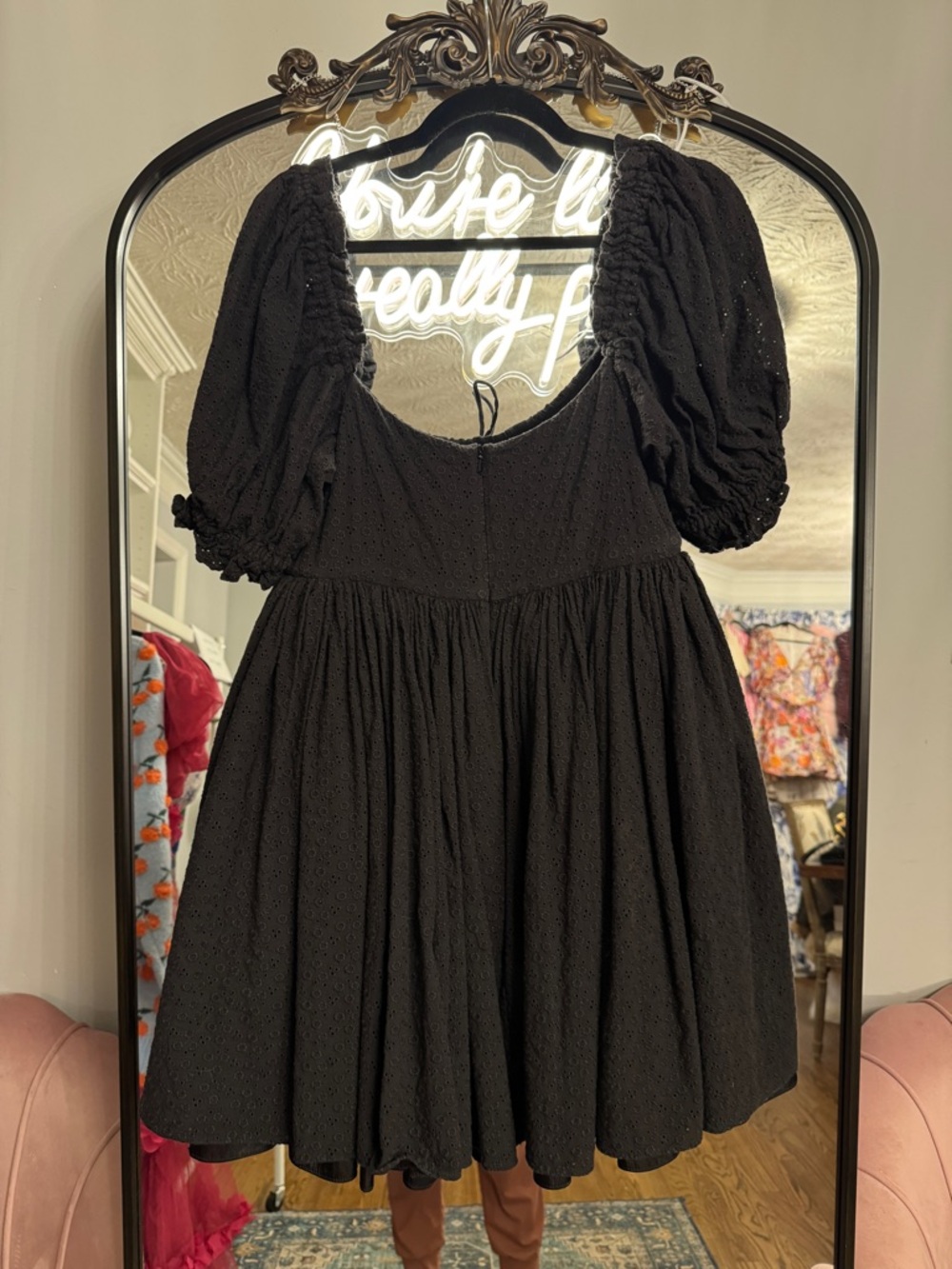 Selkie Beach Day Dress Black Puff-Sleeve Mini Dress - Women's - Picture 6 of 7